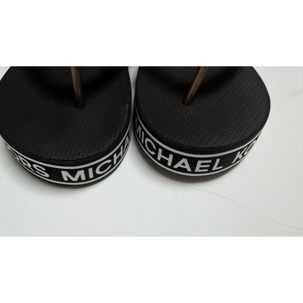 Michael Kors Women Black Gold Logo Platform Flip Flop Sandals MK Medallion 6/6.5 - Picture 6 of 7
